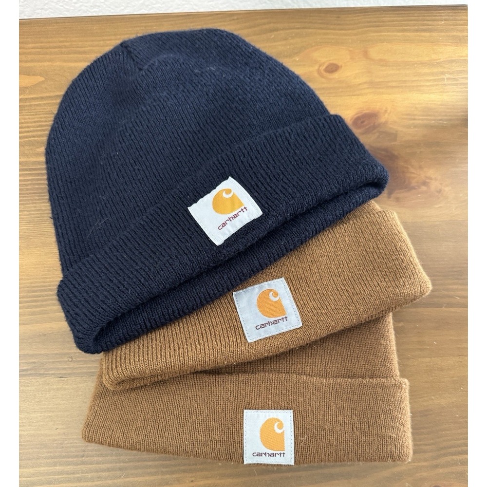 Carhartt Unisex Classic Knit Cuffed Beanie Hat Lot Of 3 Classic Brown and Navy